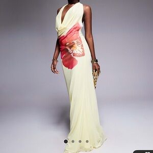 ASOS DESIGN plunge halter maxi dress yellow pink floral
